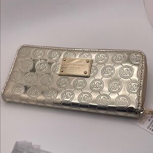 Michael Kors Metallic Gold Wallet Jet Set Mono Mirror zippered